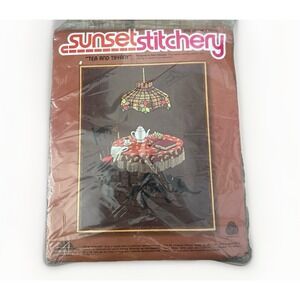 New Vintage Sunset Stitchery Tea and Tiffany 1977 Crewel Embroidery Kit 2695 MCM